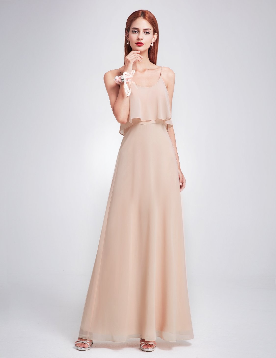 Blush Ruffle Spaghetti Strap Bridesmaid Dress