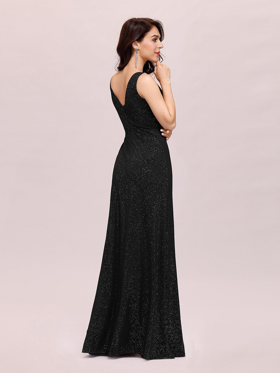 Floor Length V Neck Shimmery Evening Dresses With Side Split