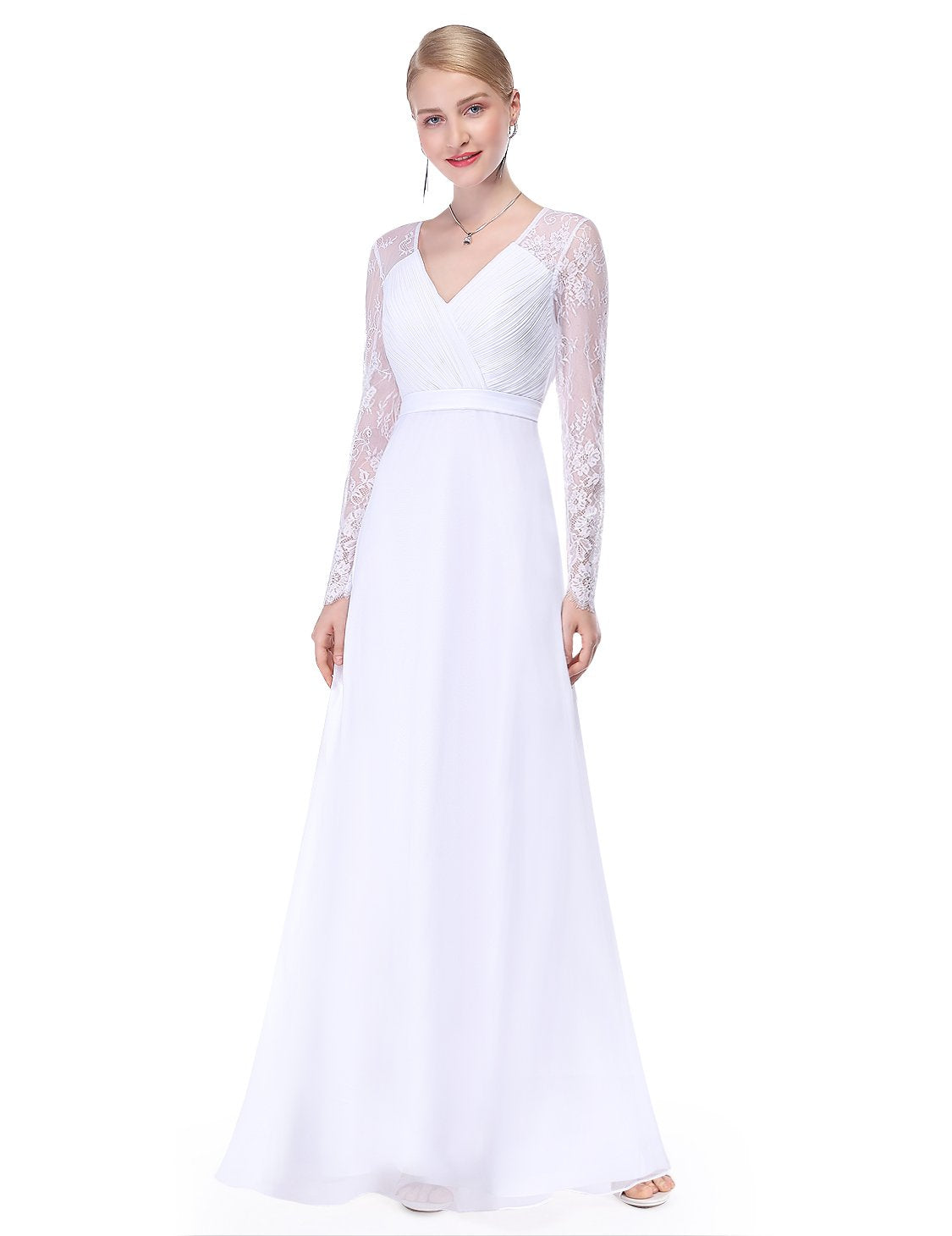 V-neck Long Sleeve Simple Wedding Dress