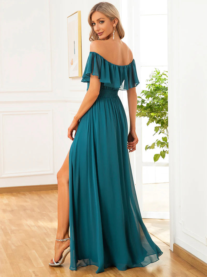 Mia Off Shoulder Ruffle Thigh with Split