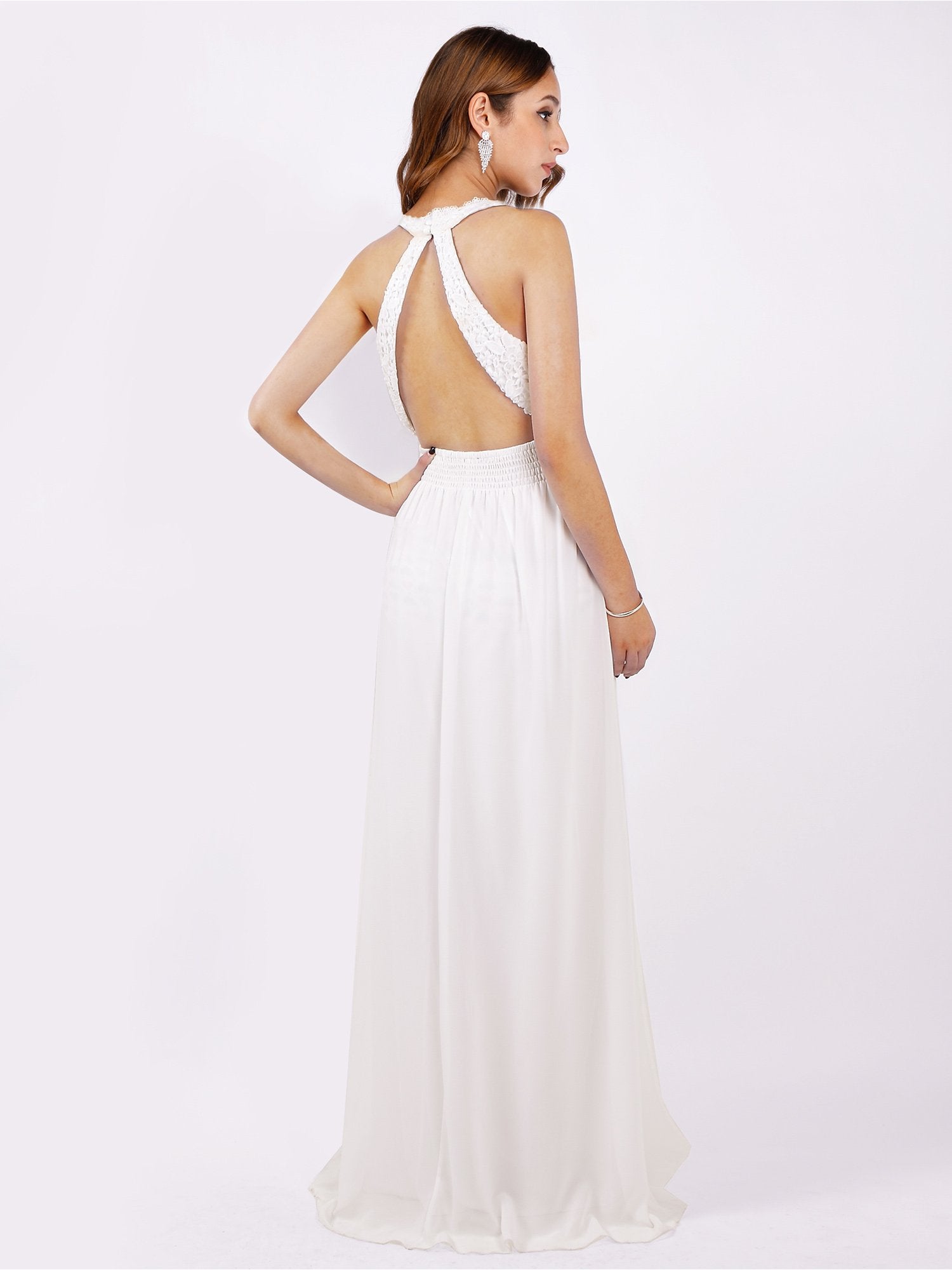 Halter Neck Off White Lace Bodice Dress