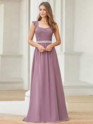 Elegant A Line Long Chiffon Bridesmaid Dress With Lace Bodice