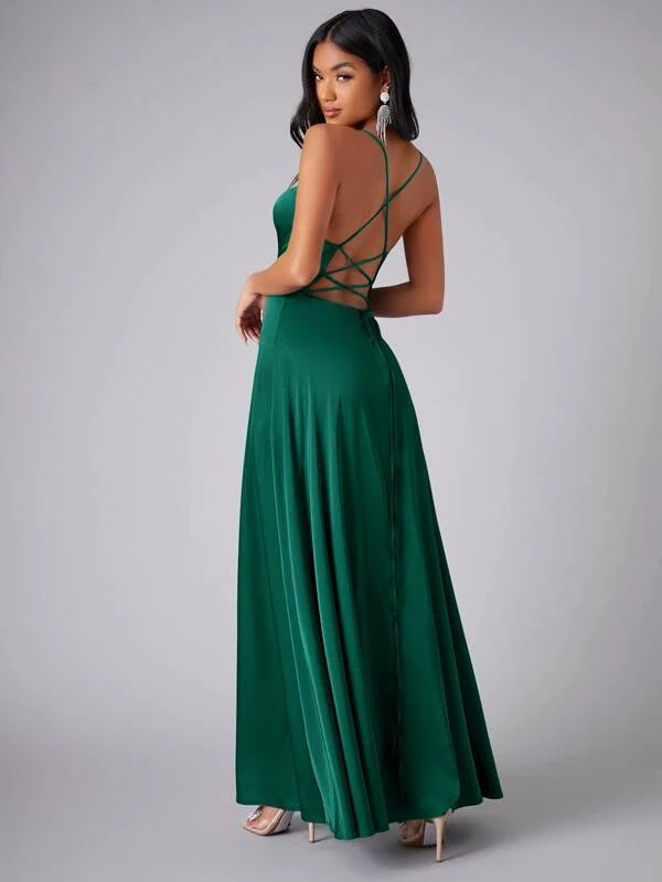 green ball dresses nz Chloe Crisscross Backless Wrap Satin Ball Dress