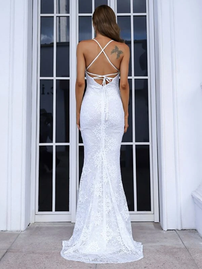 Libby Lace Up Backless Floor Length Lace Wedding Dress