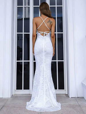 Lace Up Backless Floor Length Lace Wedding Dress