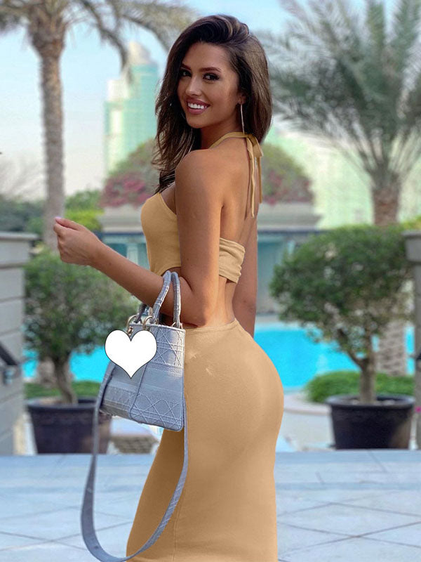 Sexy Fitted Solid Halter Maxi Dress