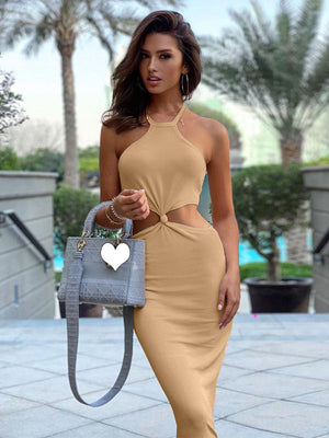 Sexy Fitted Solid Halter Maxi Dress