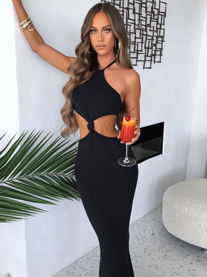 Sexy Fitted Solid Halter Maxi Dress