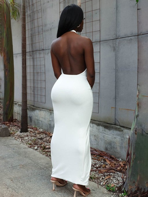 Alluring Solid Hollow Out Pleated Halter Maxi Dress