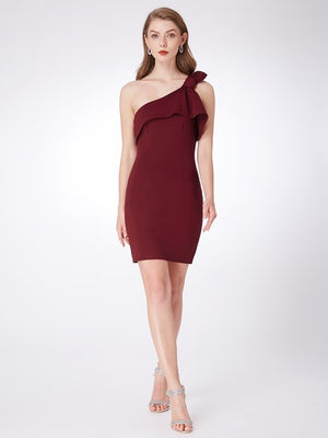 Women Fashion One Shoulder Burgundy Cocktail Party Dress