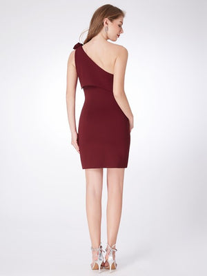 Women Fashion One Shoulder Burgundy Cocktail Party Dress