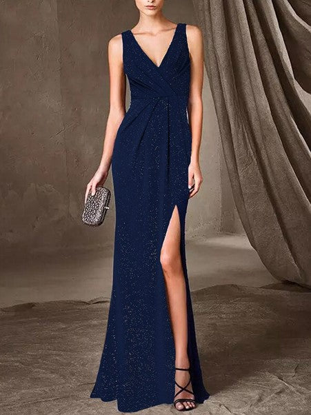 Freya V Neck Shimmery Evening Dresses With Side Split