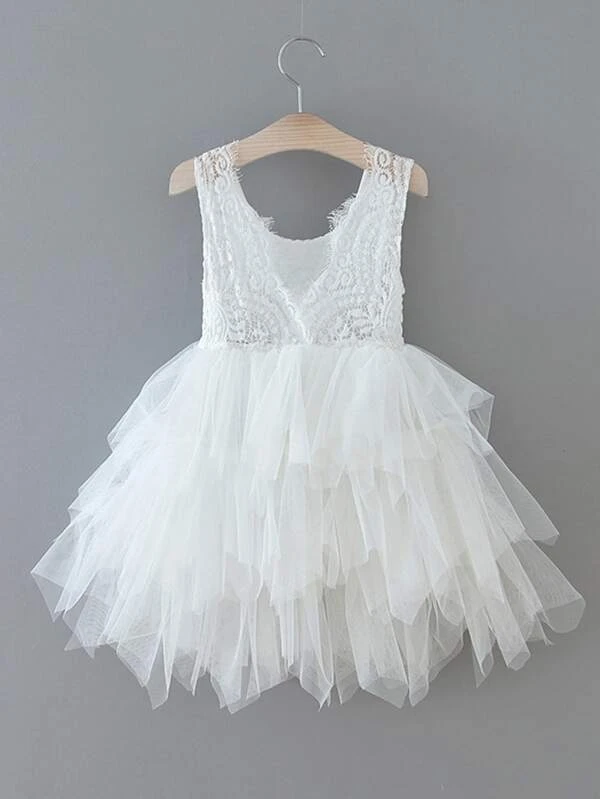Girls Lace Bodice Layered Mesh Hem Dress