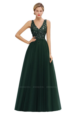 Glamorous V-Neck Sleeveless Long Tulle Evening Gown With Crystals