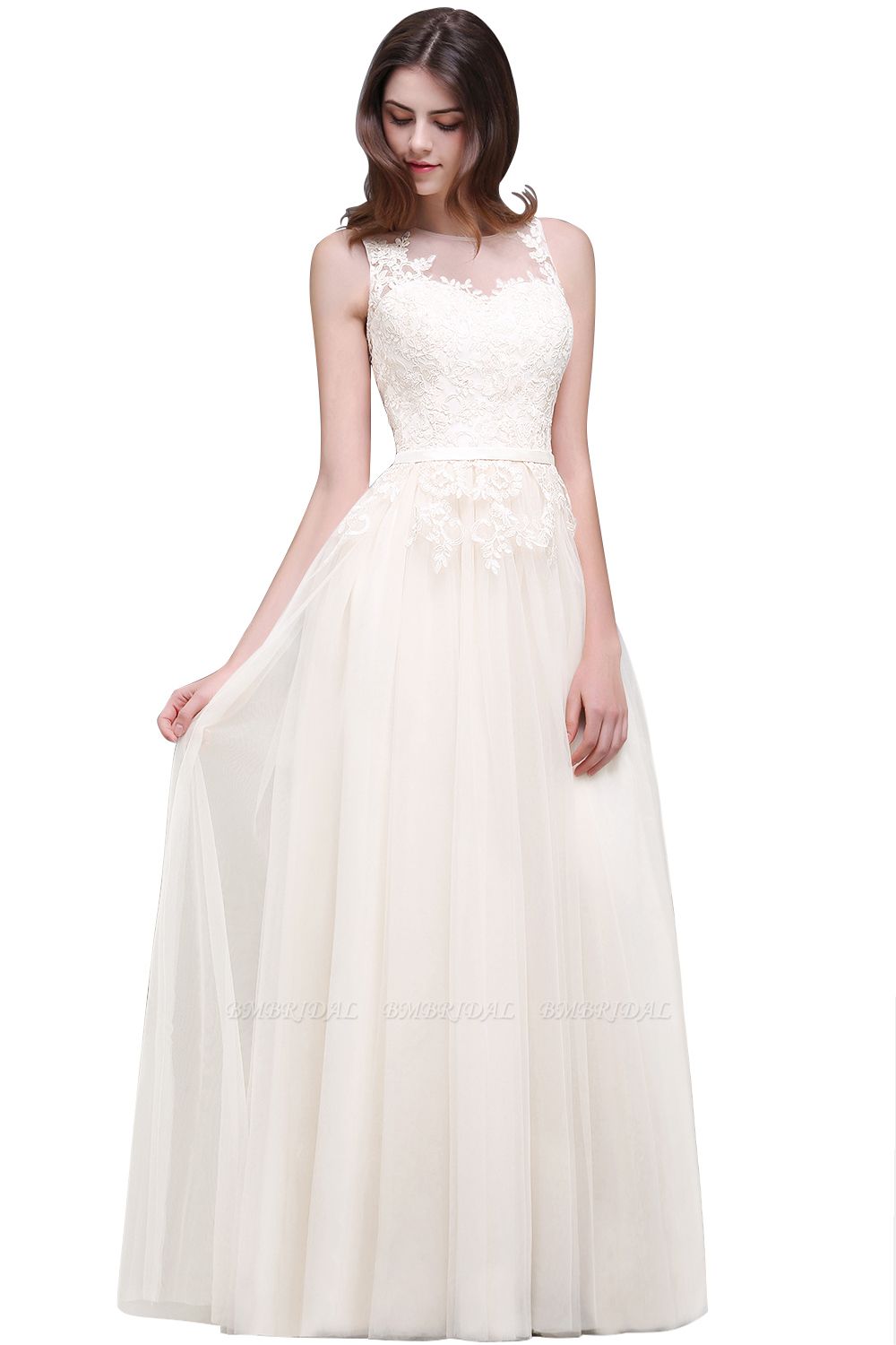 Lacey Sleeveless Long Tulle Ivory Wedding Dress