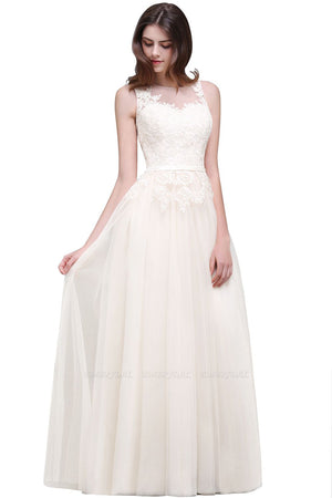 Lace Sleeveless Long Tulle Ivory Wedding Dress