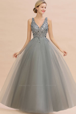 Glamorous V-Neck Sleeveless Long Tulle Evening Gown With Crystals