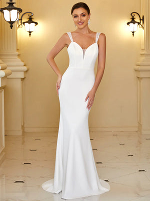 Adorable Sleeveless Deep V Neck Fishtail Wedding Dress