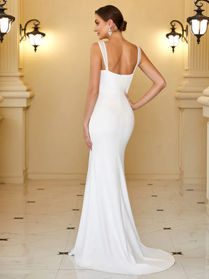 Adorable Sleeveless Deep V Neck Fishtail Wedding Dress