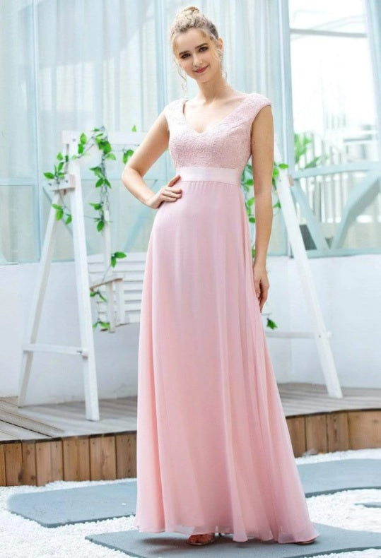 V Neck Embroidered Chiffon Bridesmaid Dress